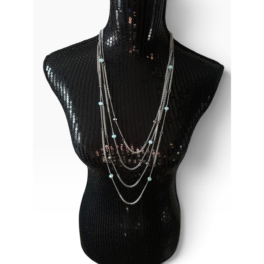 Long Layered Necklace 30" Silver Tone Blue Multi Strand Beaded
